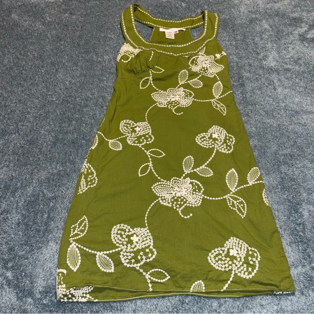 Max Studio Sleeveless Dress Olive Green with Ivory Floral Embroidery Size XS